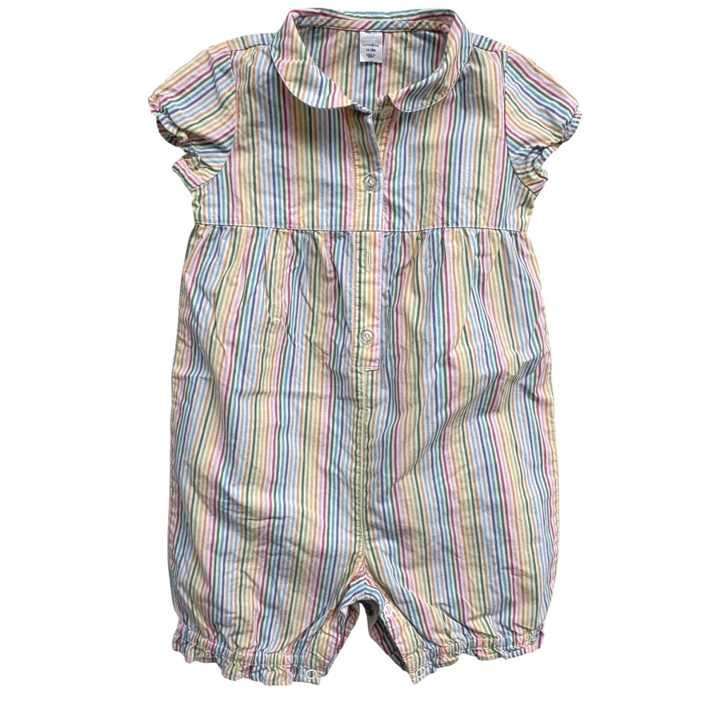 Lands End Baby Girl Rainbow Stripe Cotton Romper Peter Pan Collar 12-18M